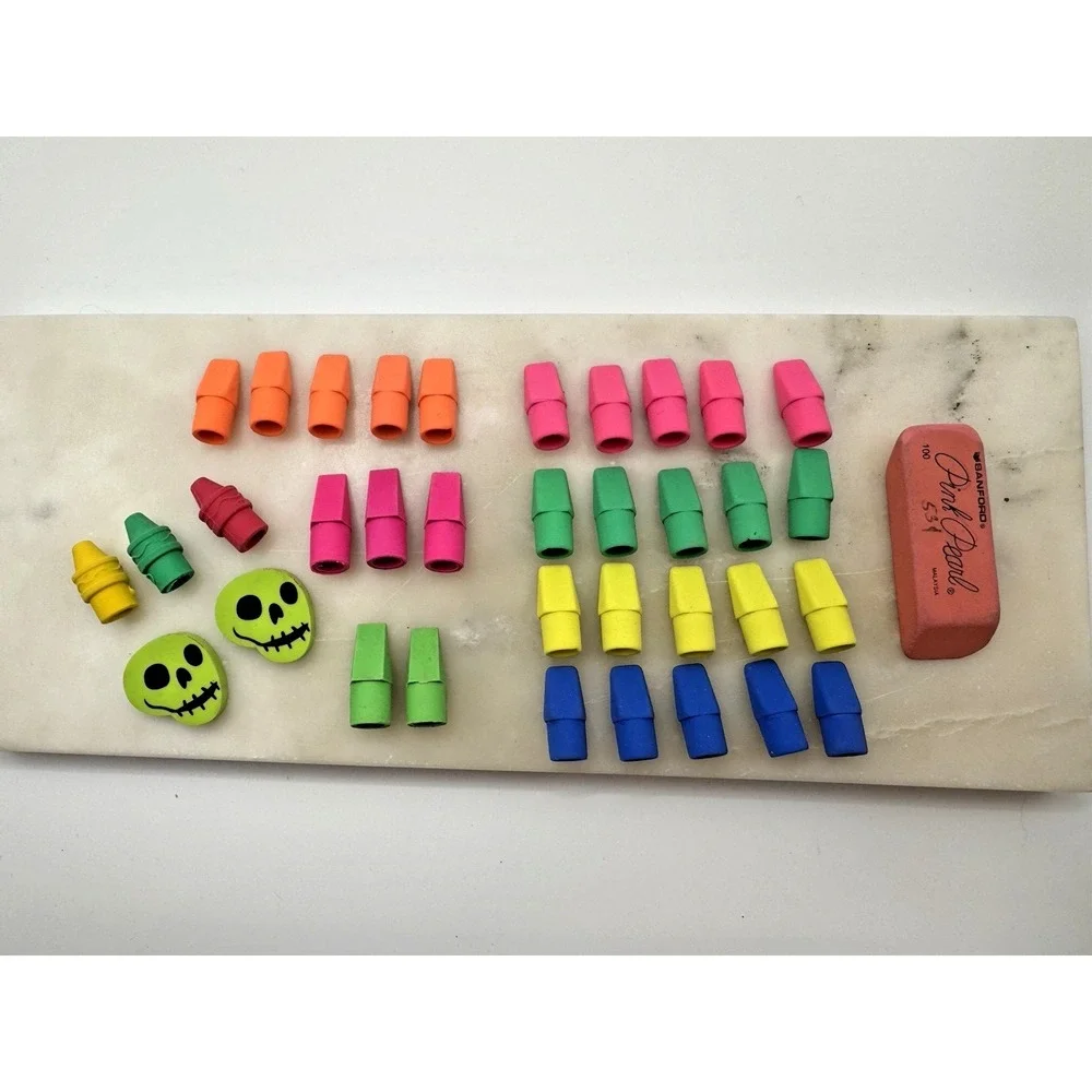 Pencil Top Erasers Lot Teacher Reward Box Novelty Skull Crayon Erasers Pink Pear
